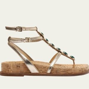 Alexandre Birman Gold Sandals with Green Accents. Grecian Style.